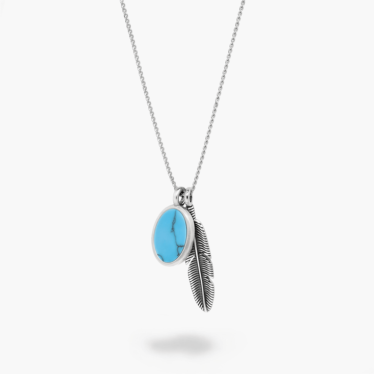 Silver Necklace With Feather And Arizona Turquoise-Necklace-Kompsós