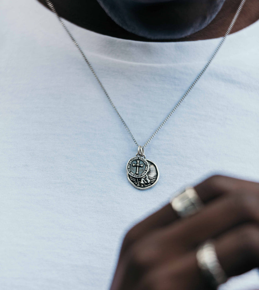 St Christopher Silver Necklace With Cross-Necklace-Kompsós