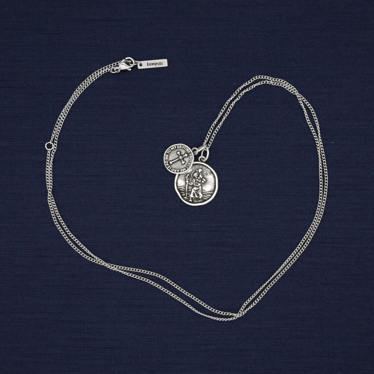 St Christopher Silver Necklace With Cross-Necklace-Kompsós