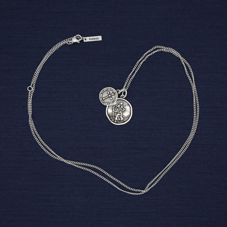 St Christopher Silver Necklace With Cross-Necklace-Kompsós