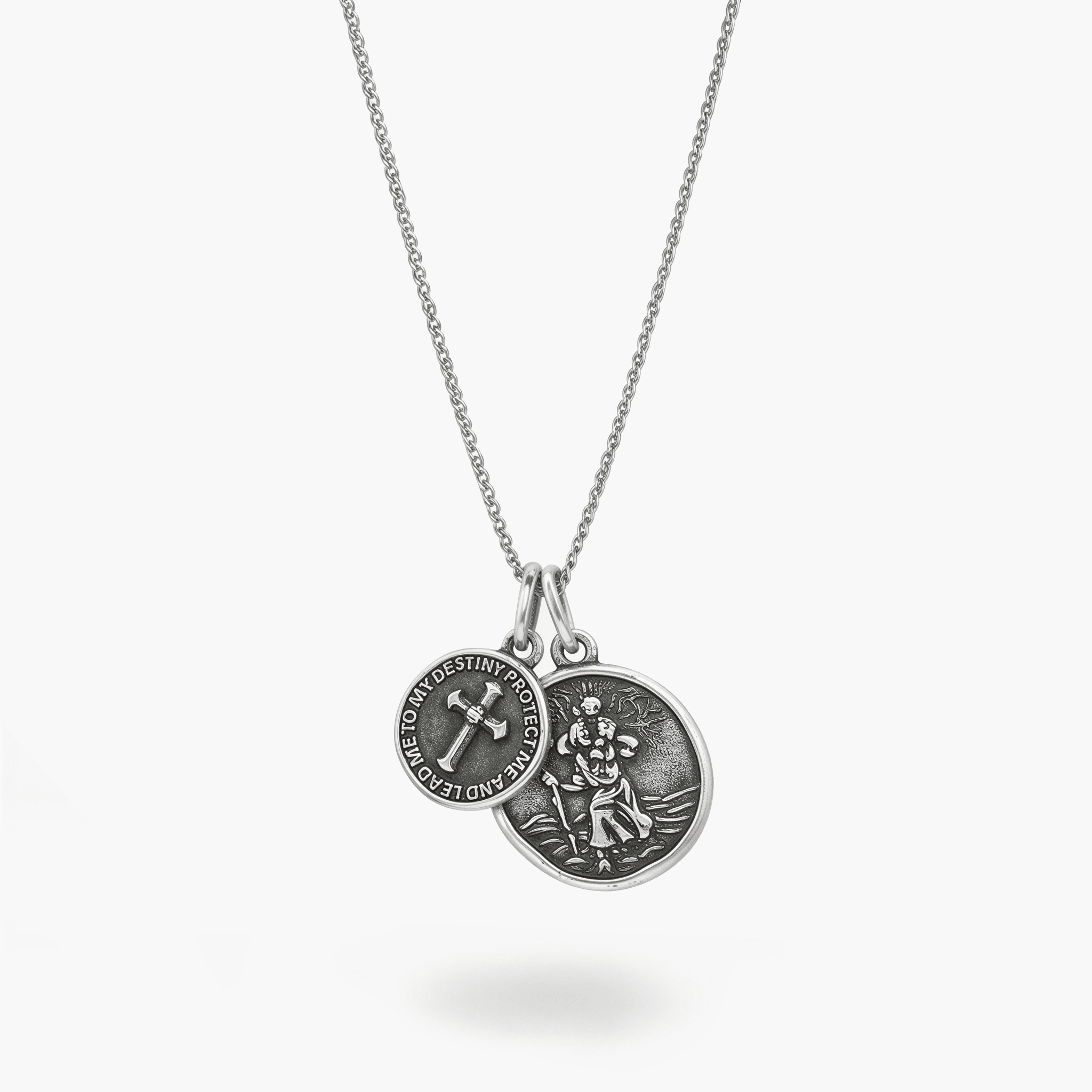 St Christopher Silver Necklace With Cross-Necklace-Kompsós