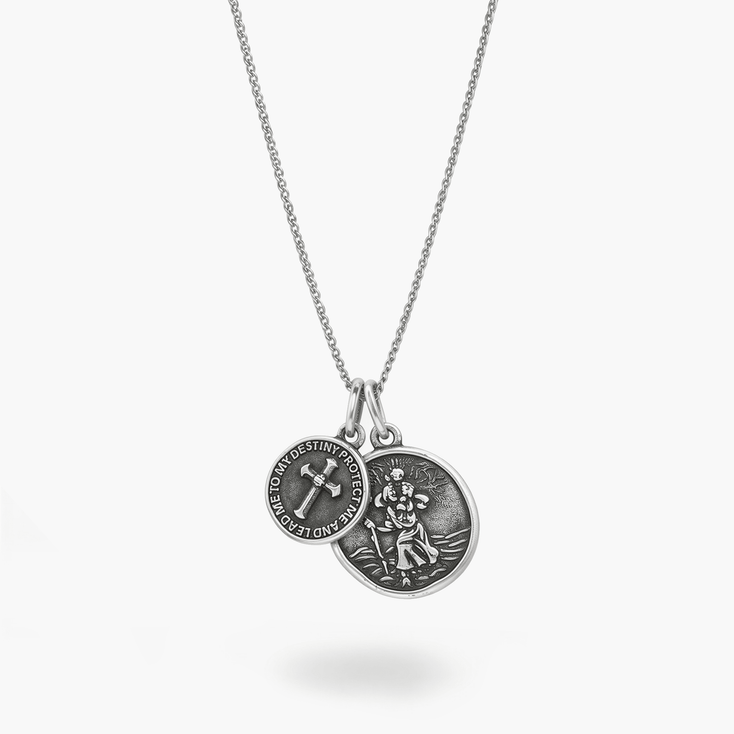 St Christopher Silver Necklace With Cross-Necklace-Kompsós