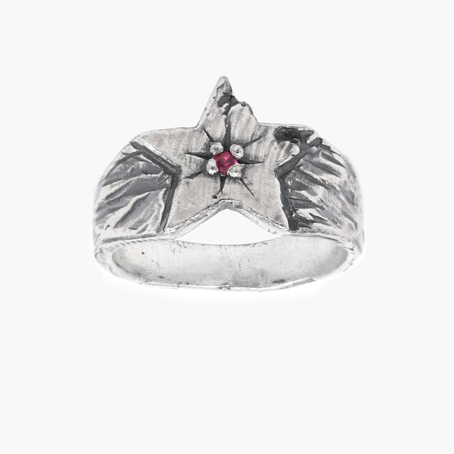 Star Sterling Silver Ring With Red Garnet Stone-Ring-Kompsós