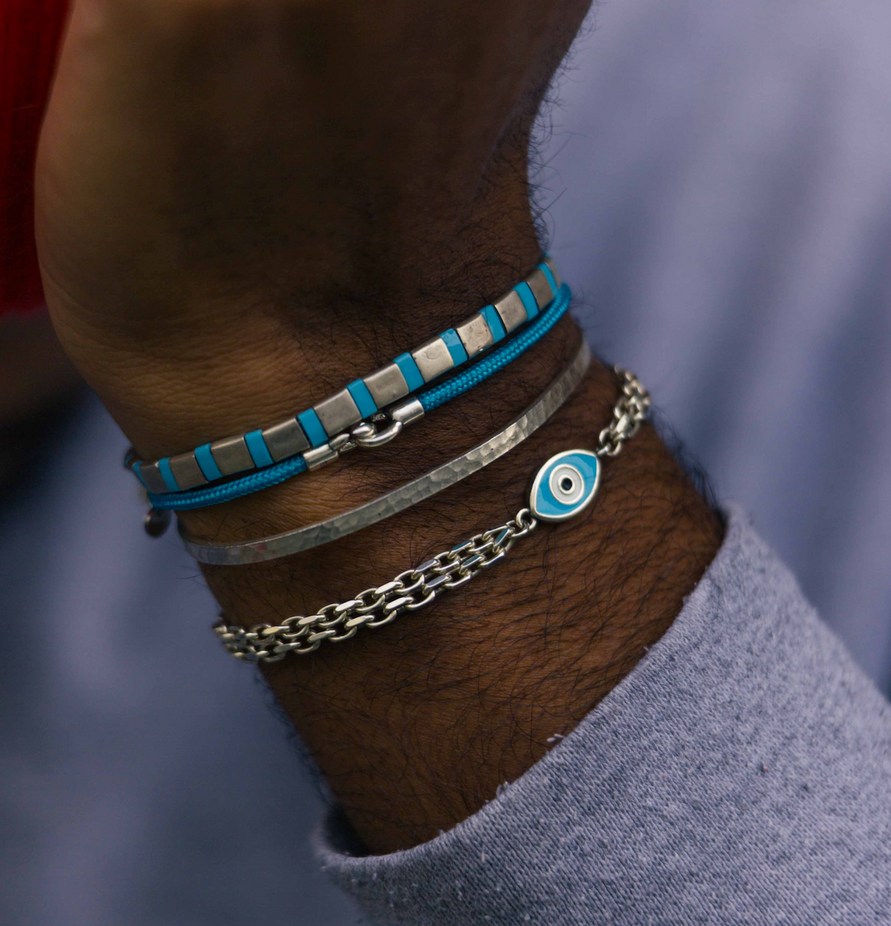 Sterling Silver Double Chain Bracelet With Evil Eye-Bracelet-Kompsós