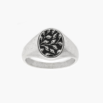 Sterling Silver Floral Oval Signet Ring With Aged Finish-Ring-Kompsós