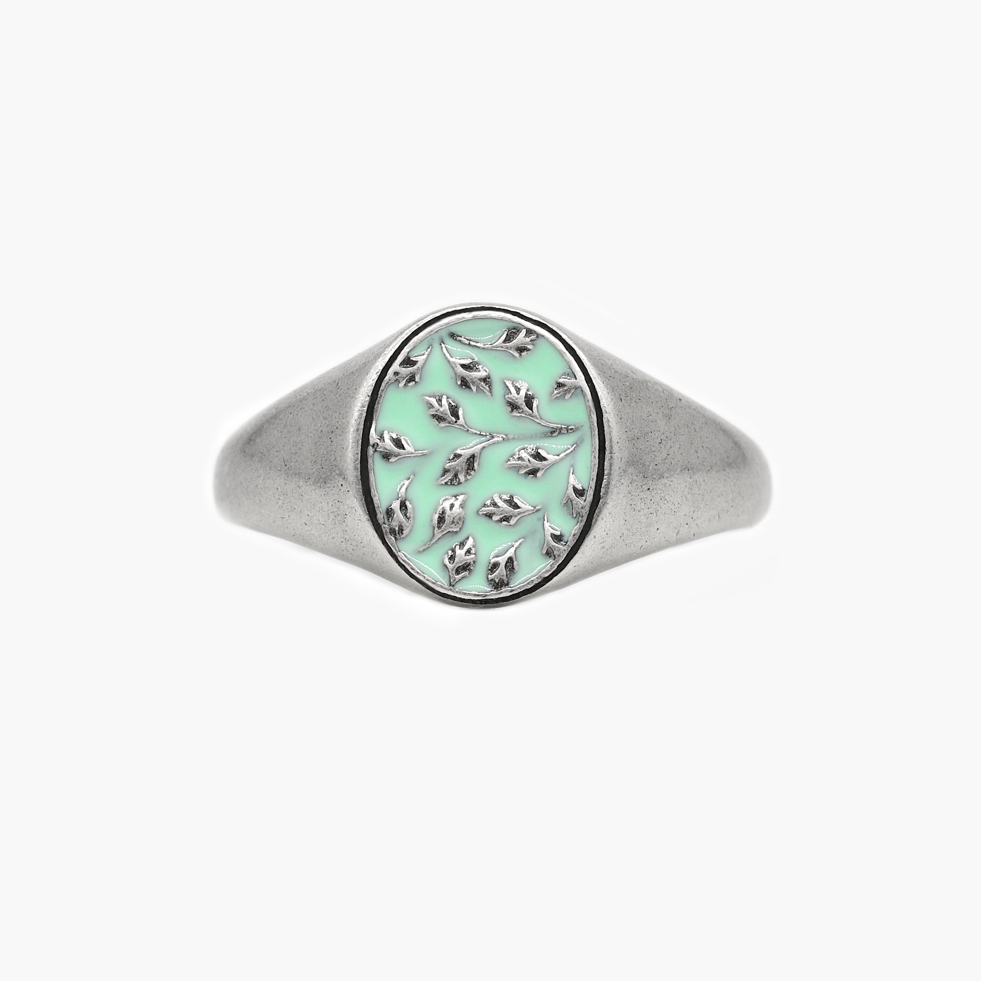 Sterling Silver Floral Oval Signet Ring With Enamel-Ring-Kompsós