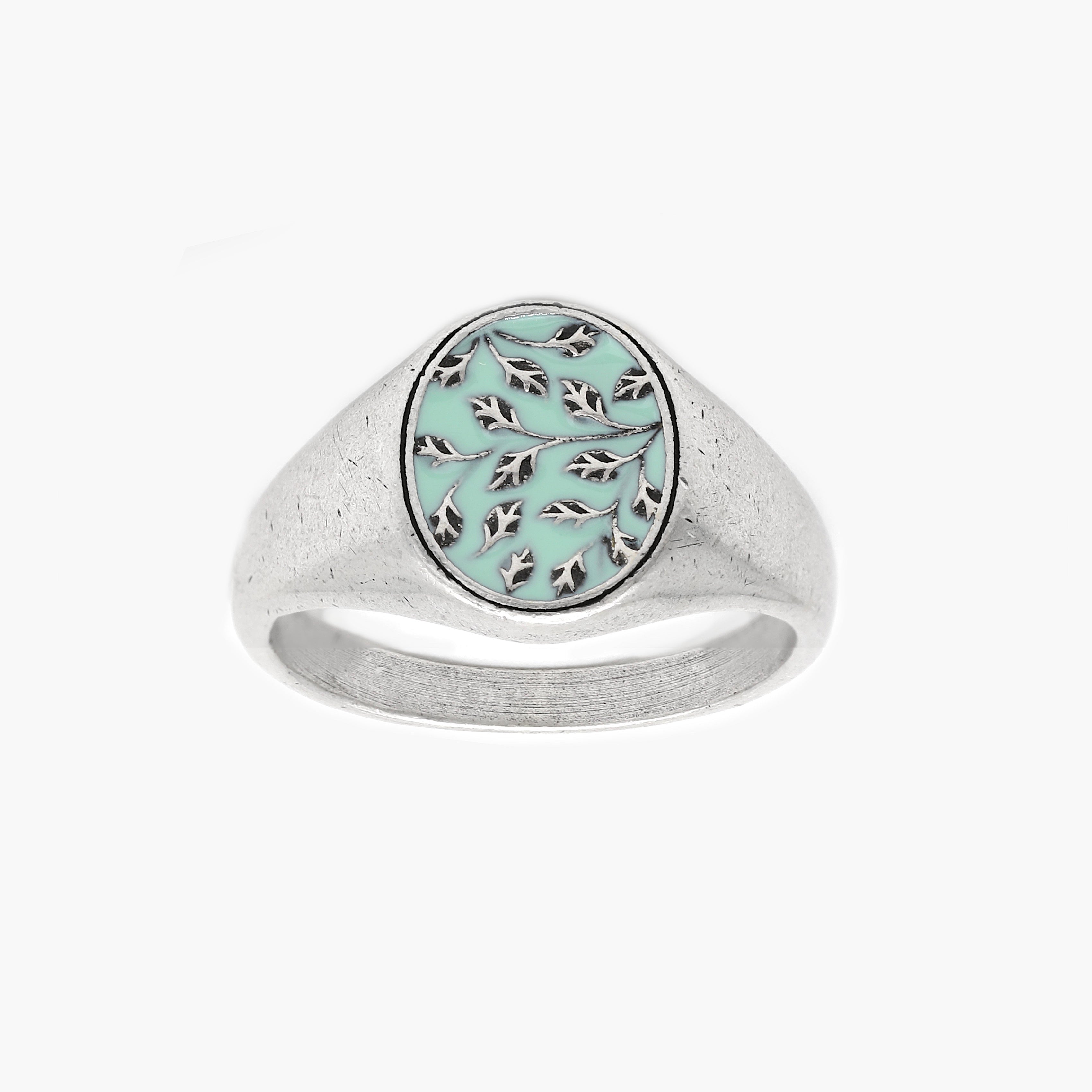 Sterling Silver Floral Oval Signet Ring With Enamel-Ring-Kompsós