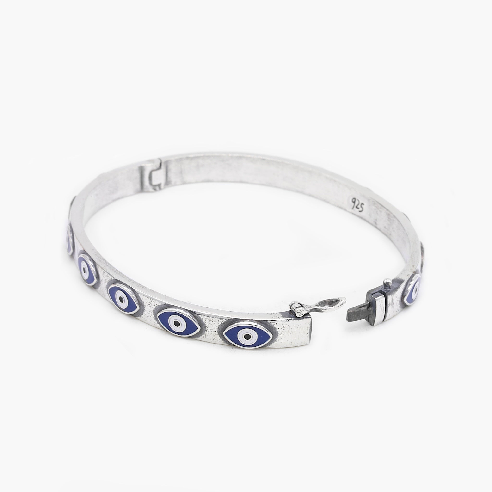 Sterling Silver Lockup Bangle With Enamelled Evil Eye-Bracelet-Kompsós