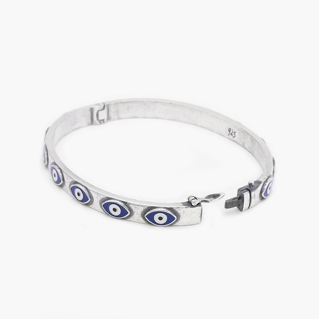 Sterling Silver Lockup Bangle With Enamelled Evil Eye-Bracelet-Kompsós