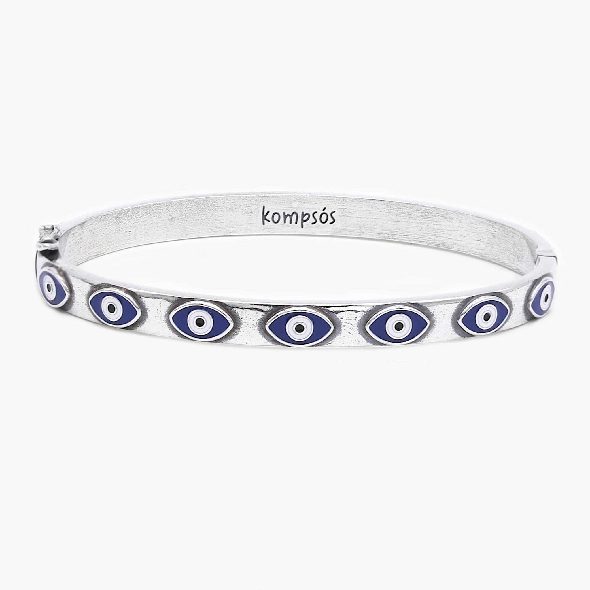Sterling Silver Lockup Bangle With Enamelled Evil Eye-Bracelet-Kompsós
