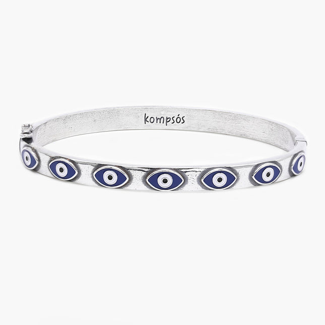 Sterling Silver Lockup Bangle With Enamelled Evil Eye-Bracelet-Kompsós