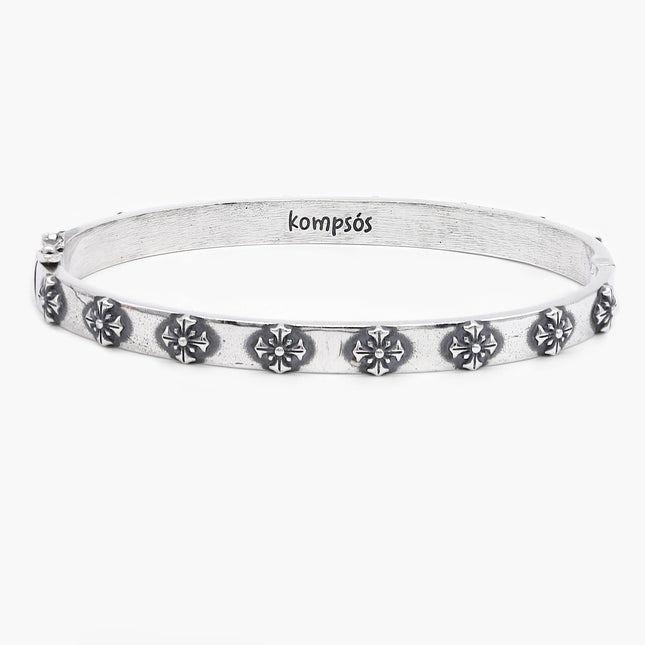Sterling Silver Lockup Bangle With Patonce Cross-Bracelet-Kompsós