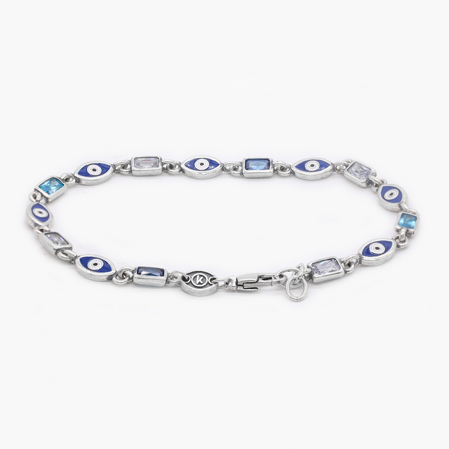 Sterling Silver Multi Gemstones Chain Bracelet With Enamelled Evil Eye-Bracelet-Kompsós