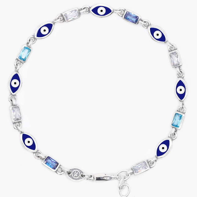 Sterling Silver Multi Gemstones Chain Bracelet With Enamelled Evil Eye-Bracelet-Kompsós