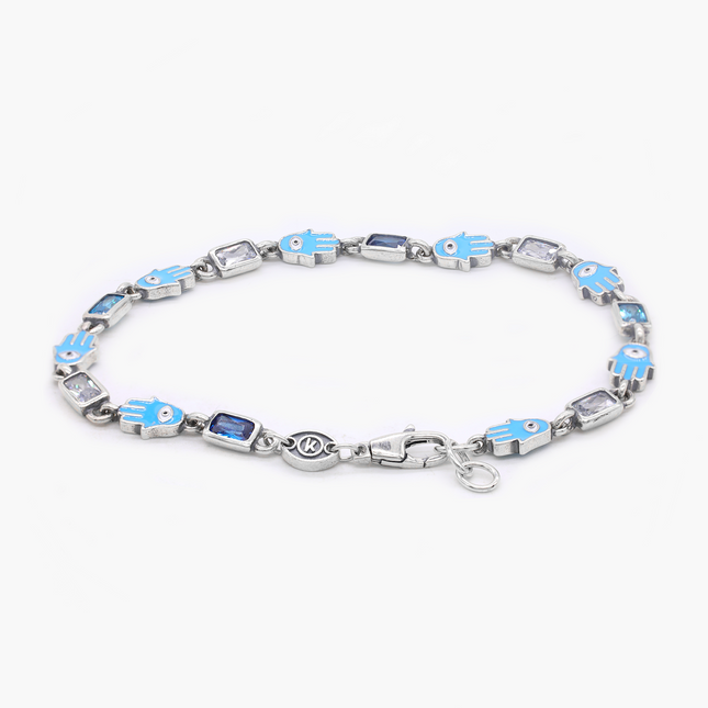 Sterling Silver Multi Gemstones Chain Bracelet With Enamelled Hamsa-Bracelet-Kompsós