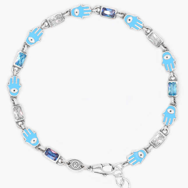 Sterling Silver Multi Gemstones Chain Bracelet With Enamelled Hamsa-Bracelet-Kompsós
