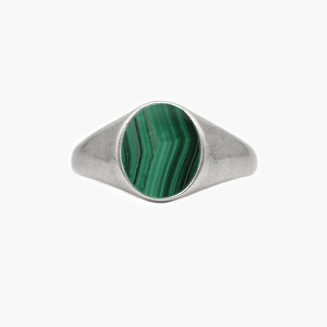 Sterling Silver Oval Signet Ring With Malachite Stone-Ring-Kompsós