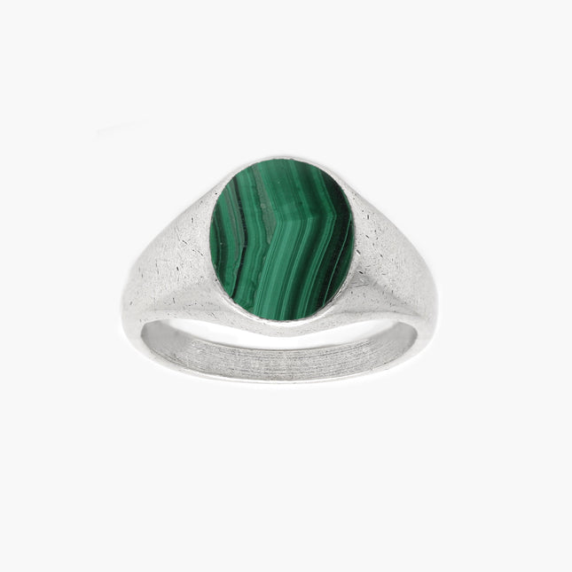 Sterling Silver Oval Signet Ring With Malachite Stone-Ring-Kompsós