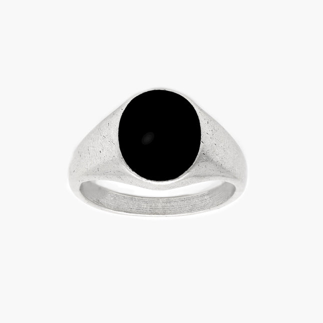 Sterling Silver Oval Signet Ring With Matt Onyx Stone-Ring-Kompsós