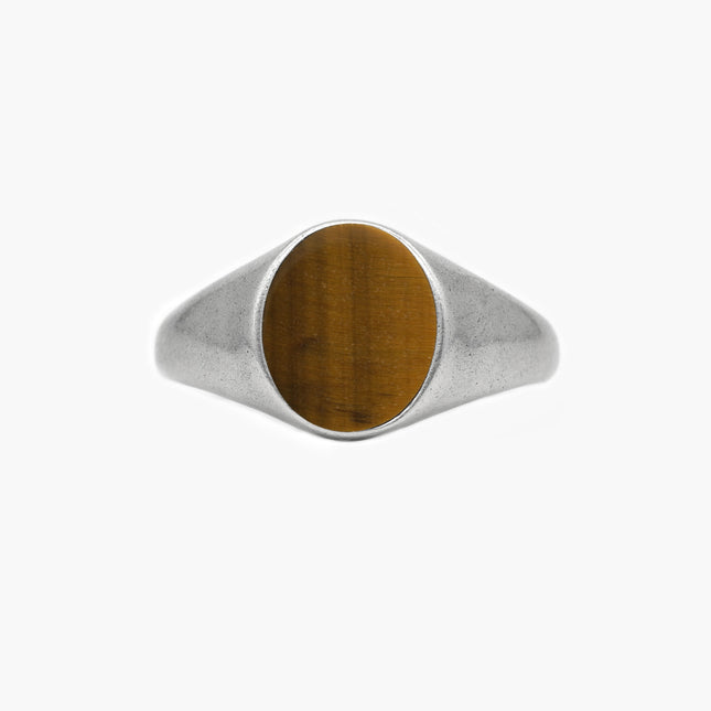 Sterling Silver Oval Signet Ring With Tiger Eye Stone-Ring-Kompsós