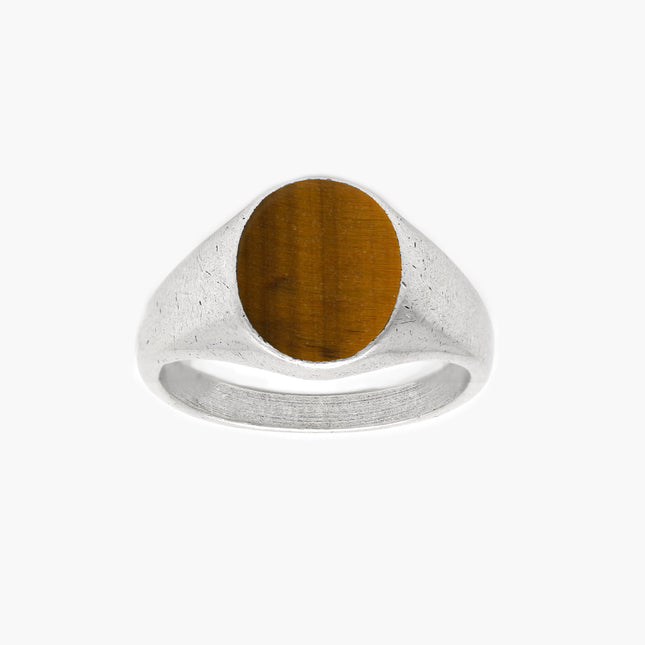 Sterling Silver Oval Signet Ring With Tiger Eye Stone-Ring-Kompsós