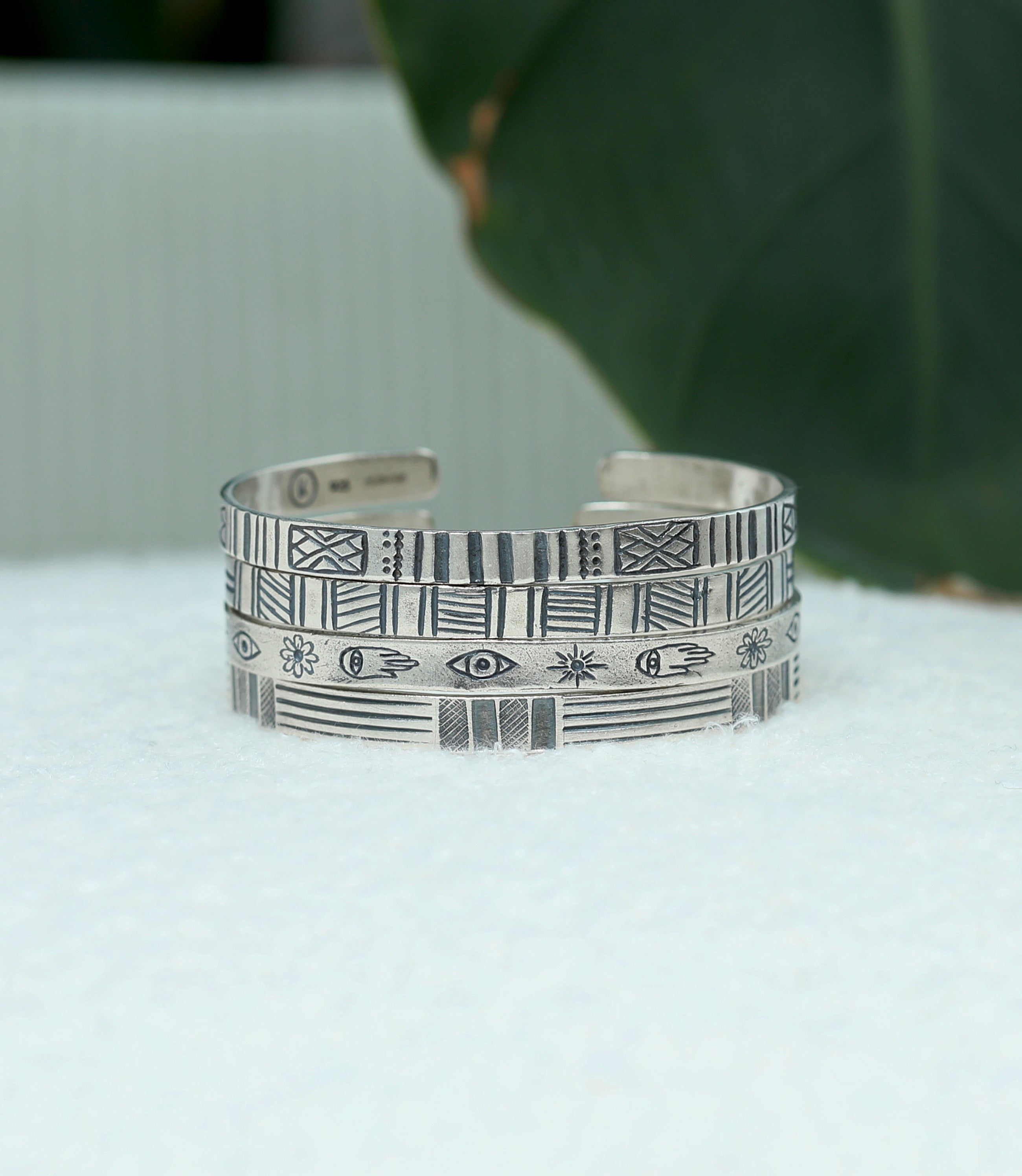 Sterling Silver Signature Bangle With Engraved Symbols-Jewelry-Kompsós