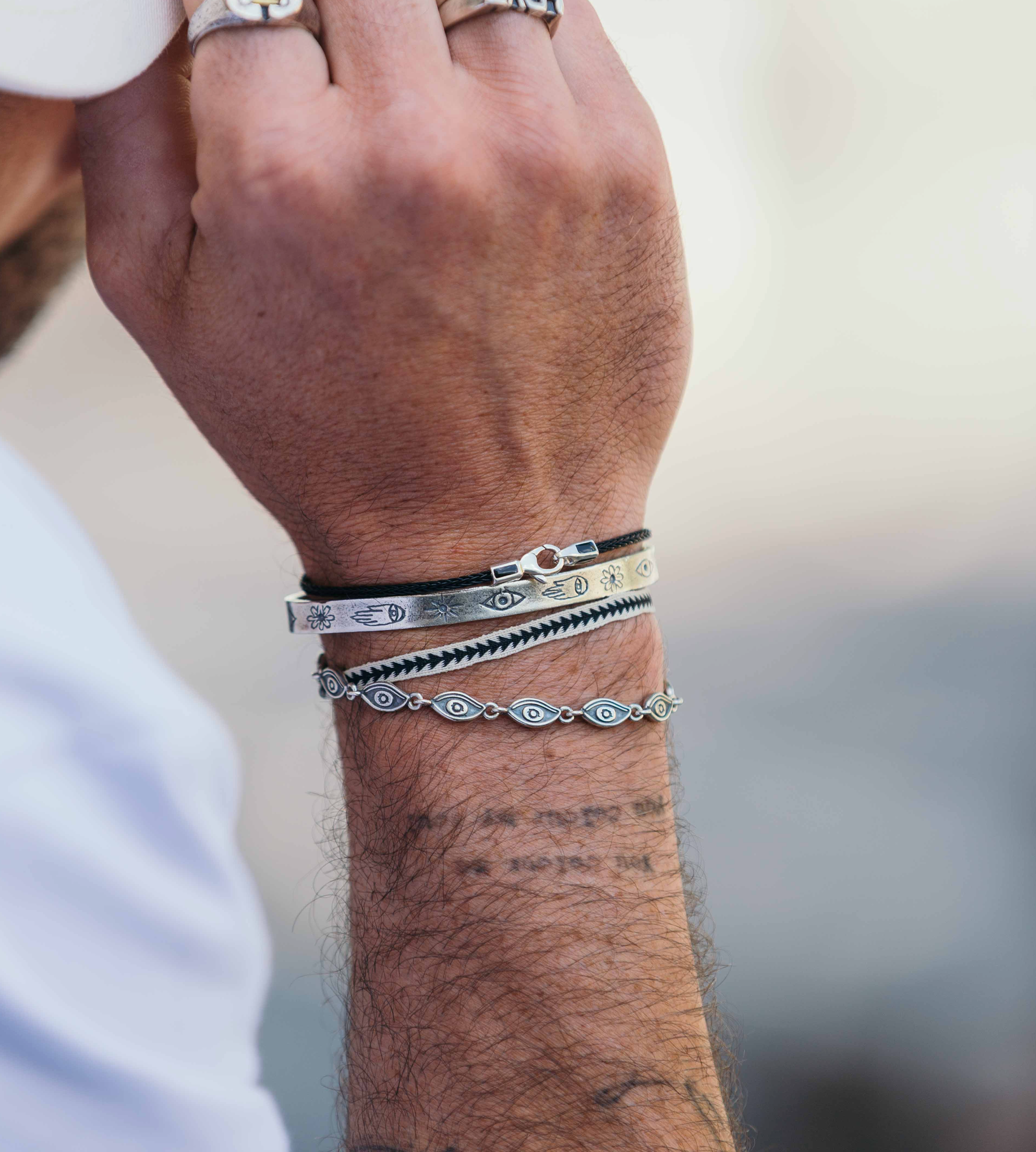Sterling Silver Signature Bangle With Engraved Symbols-Jewelry-Kompsós
