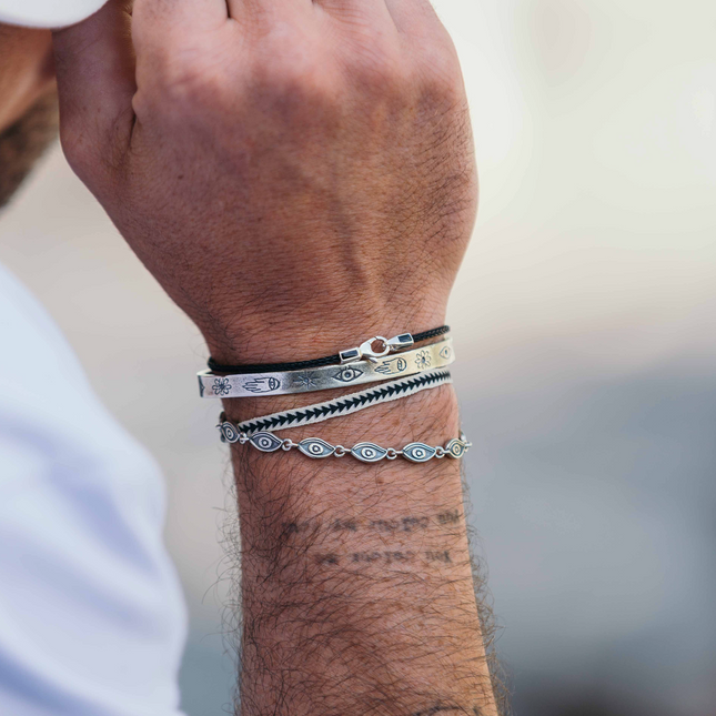 Sterling Silver Signature Bangle With Engraved Symbols-Jewelry-Kompsós