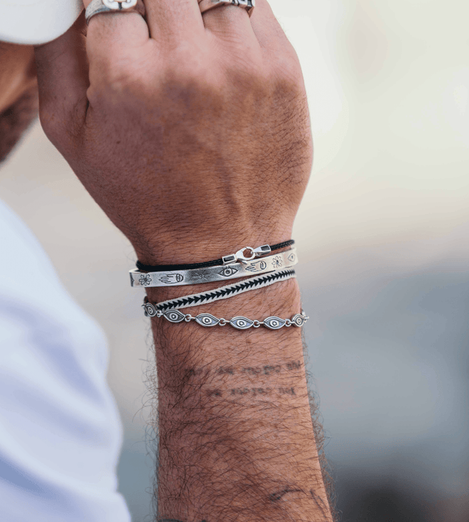 Sterling Silver Signature Bangle With Engraved Symbols-Bracelet-Kompsós