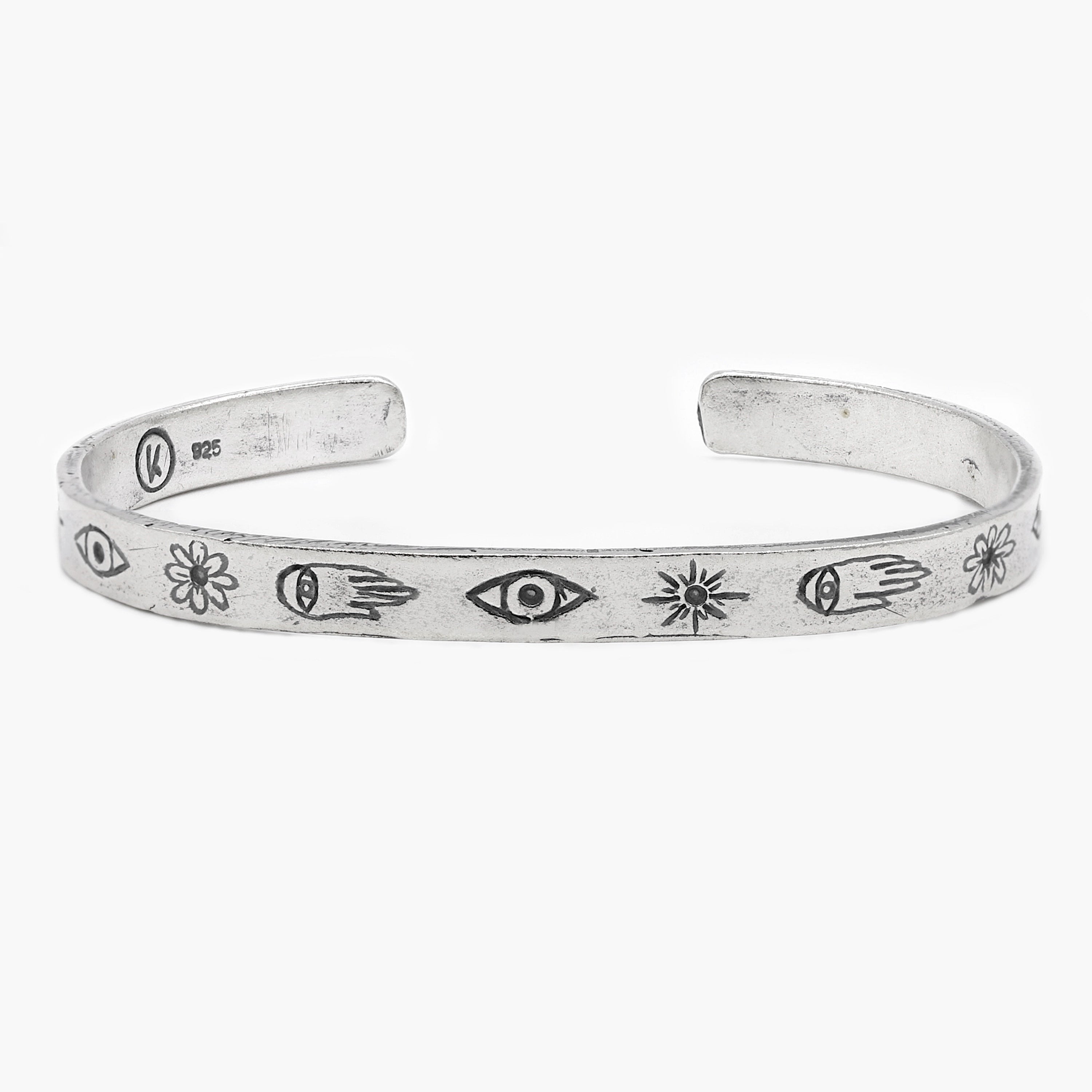 Sterling Silver Signature Bangle With Engraved Symbols-Jewelry-Kompsós