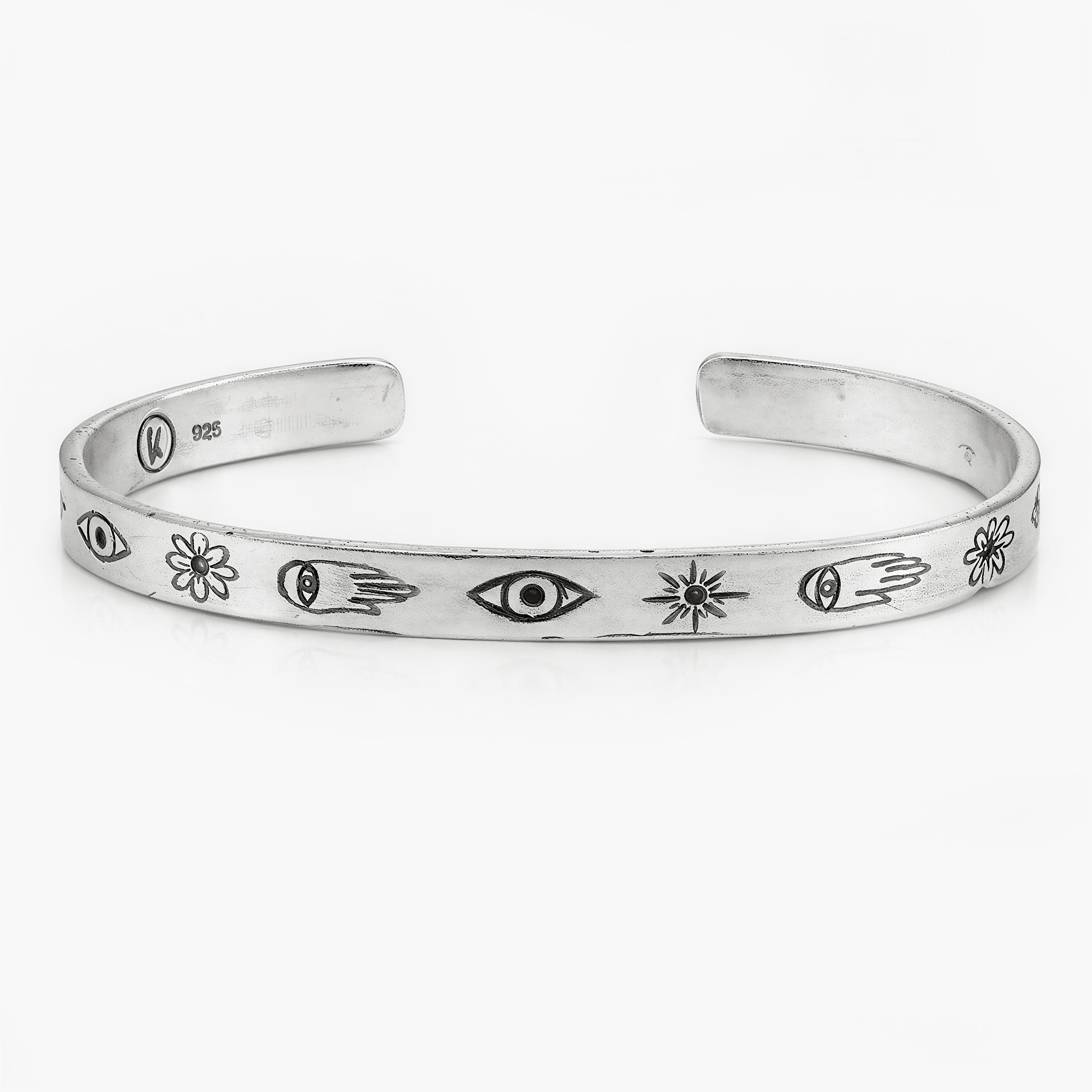 Sterling Silver Signature Bangle With Engraved Symbols-Bracelet-Kompsós