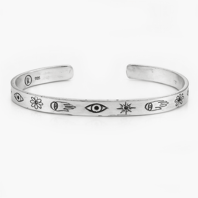 Sterling Silver Signature Bangle With Engraved Symbols-Bracelet-Kompsós