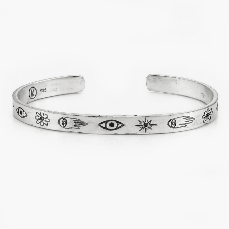 Sterling Silver Signature Bangle With Engraved Symbols-Bracelet-Kompsós