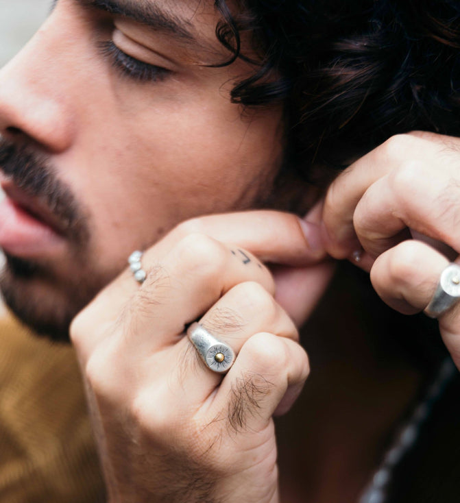 Sterling Silver Signet Ring With Gold Details-Ring-Kompsós