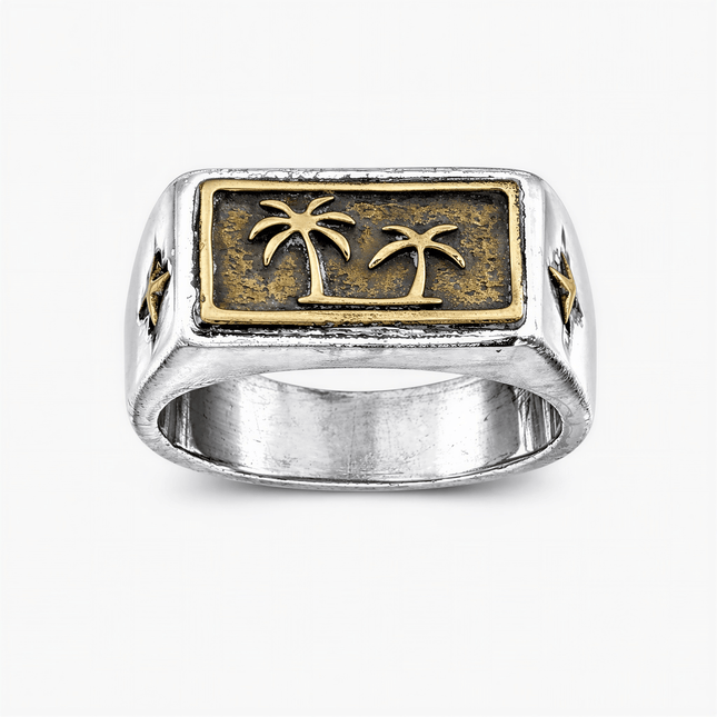 Sterling Silver Signet Ring With Gold Palm Tree-Ring-Kompsós