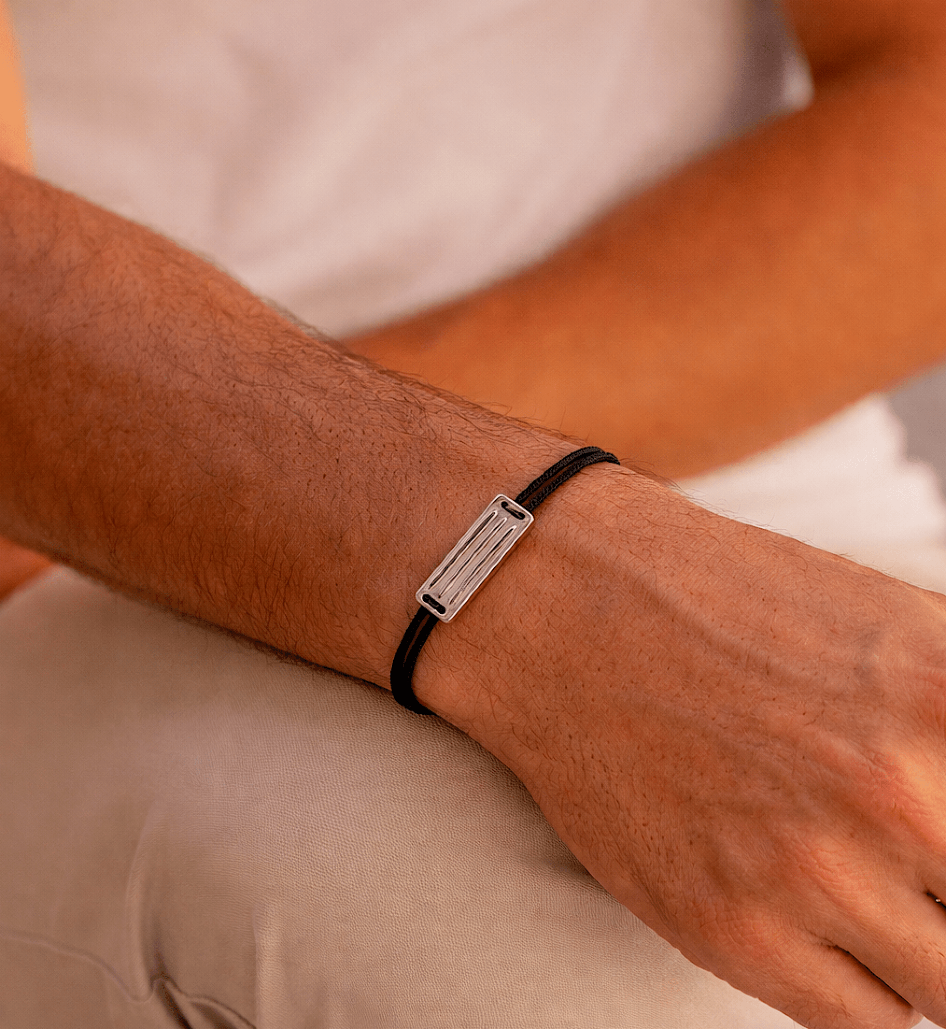 String Bracelet With Linear Silver Plate (Beige)-Bracelet-Kompsós