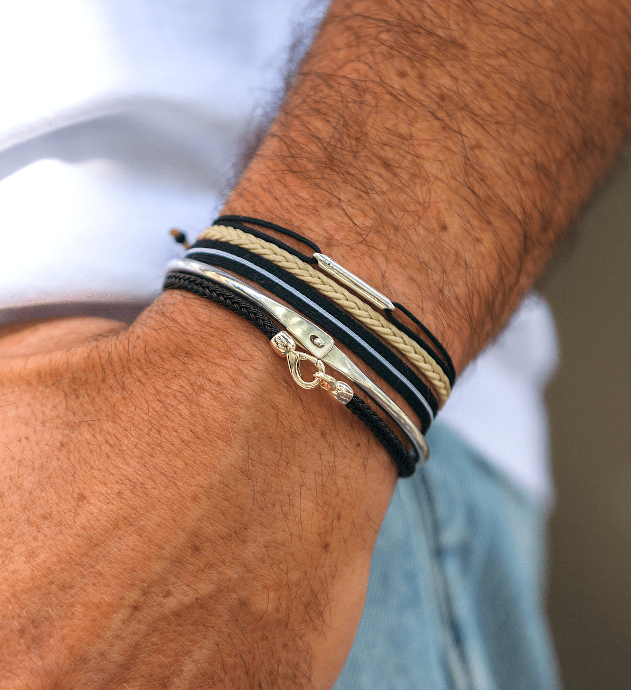 String Bracelet With Sterling Silver Round Tube (Light Blue)-Bracelet-Kompsós
