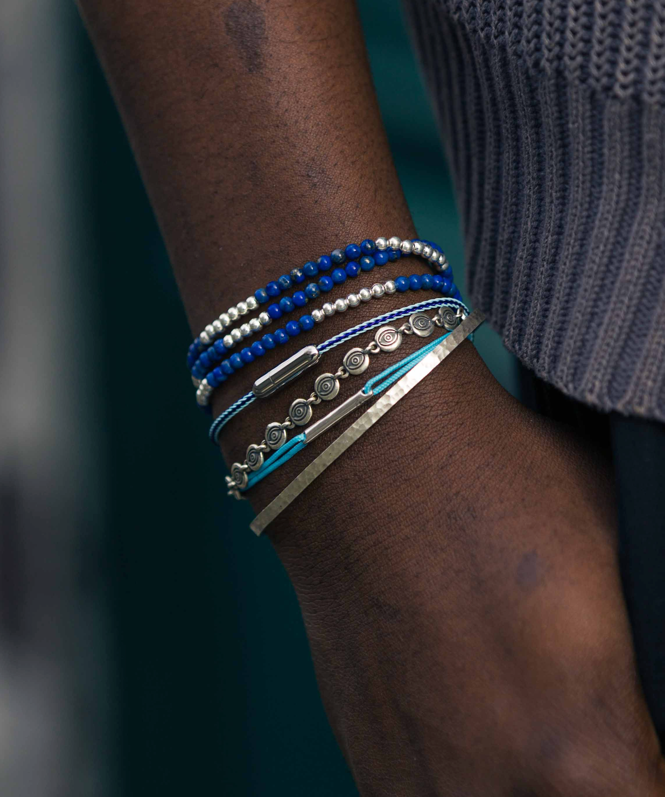 String Bracelet With Sterling Silver Round Tube (Ocean Blue)-Bracelet-Kompsós