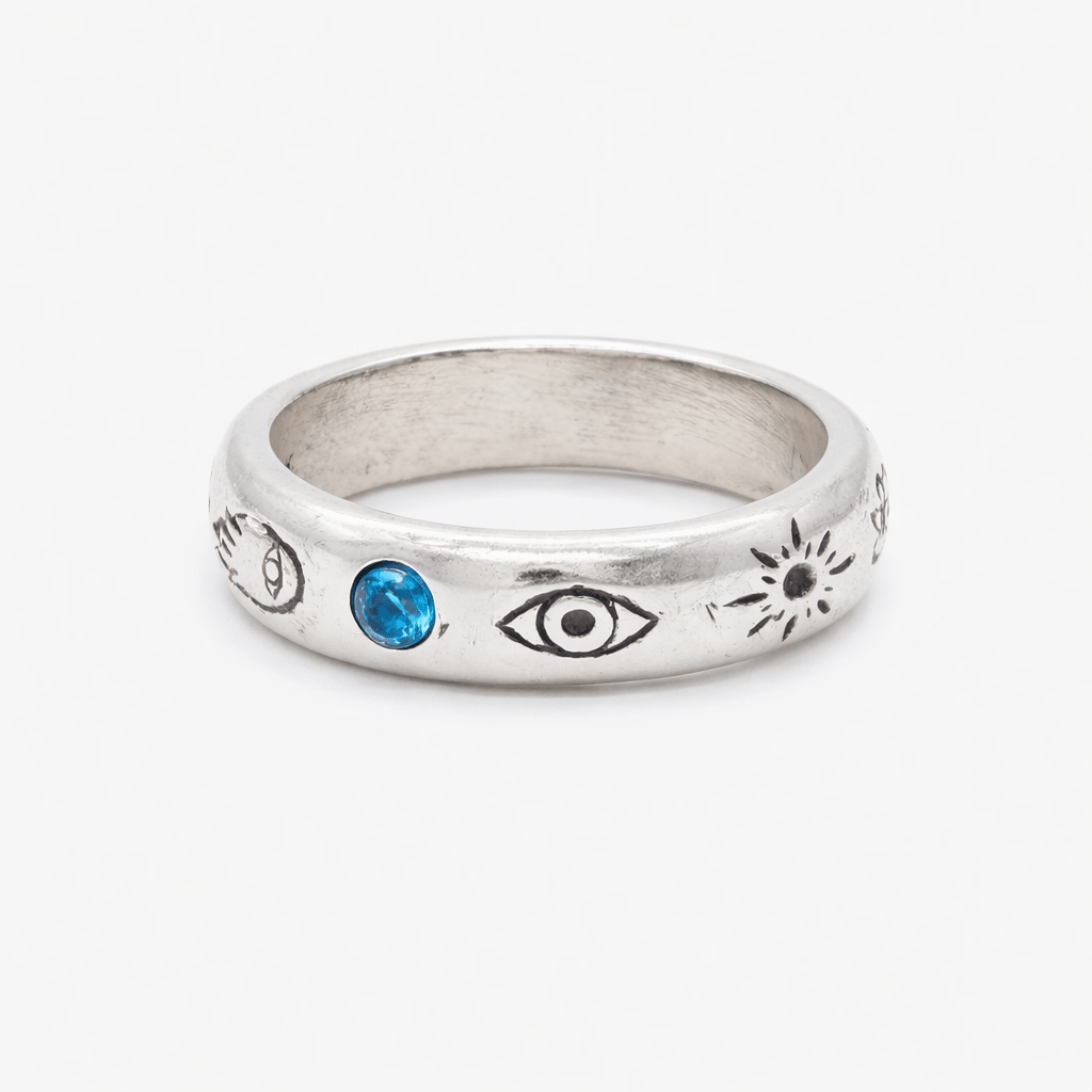 Symbols Signature Sterling Silver Ring With blue Sapphire-Ring-Kompsós