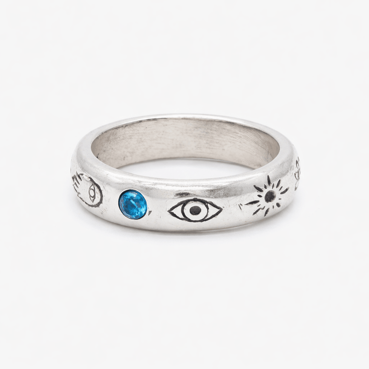 Symbols Signature Sterling Silver Ring With blue Sapphire-Ring-Kompsós