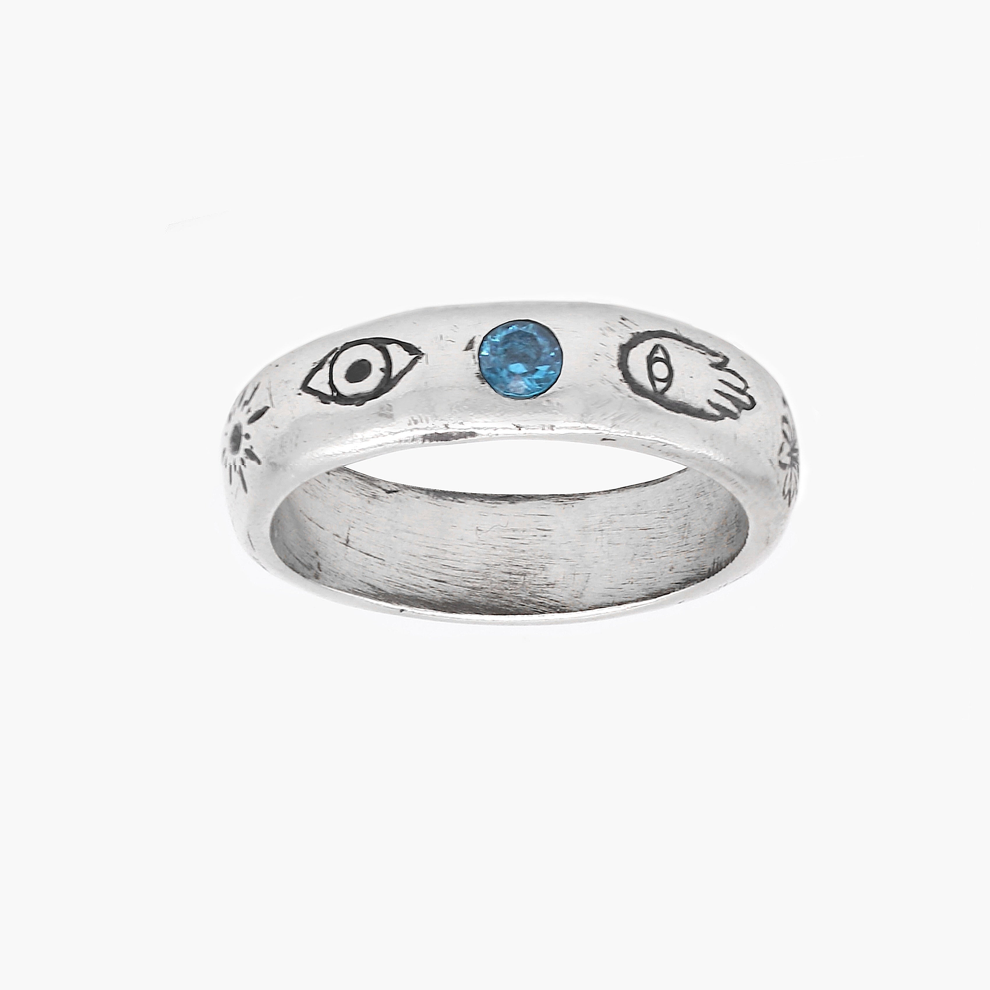 Symbols Signature Sterling Silver Ring With blue Sapphire-Ring-Kompsós