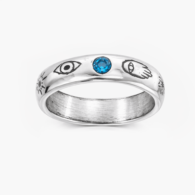 Symbols Signature Sterling Silver Ring With blue Sapphire-Ring-Kompsós