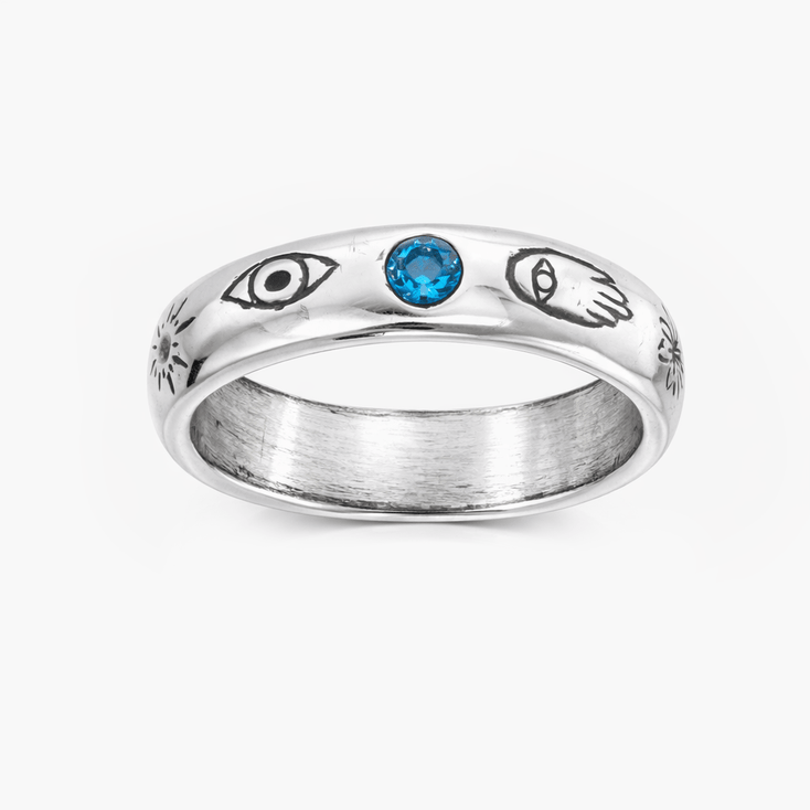 Symbols Signature Sterling Silver Ring With blue Sapphire-Ring-Kompsós