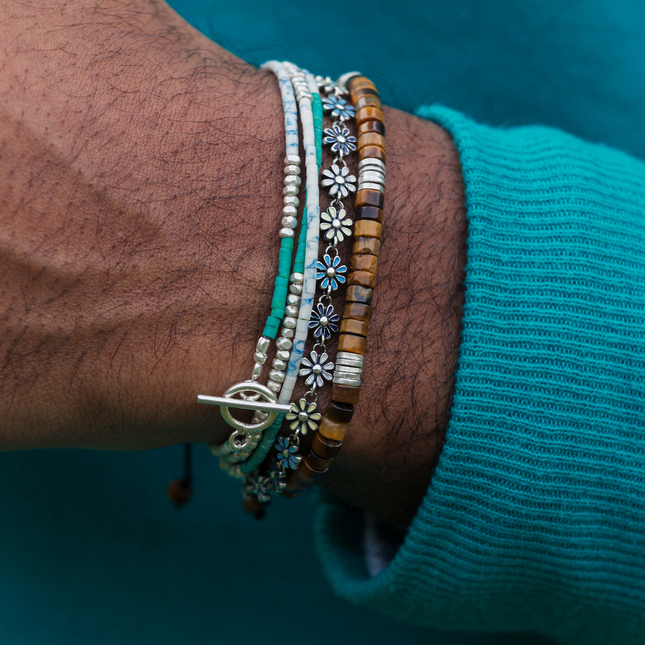 Tiger Eye And Sterling Silver Disc Beads Bracelet-Bracelet-Kompsós