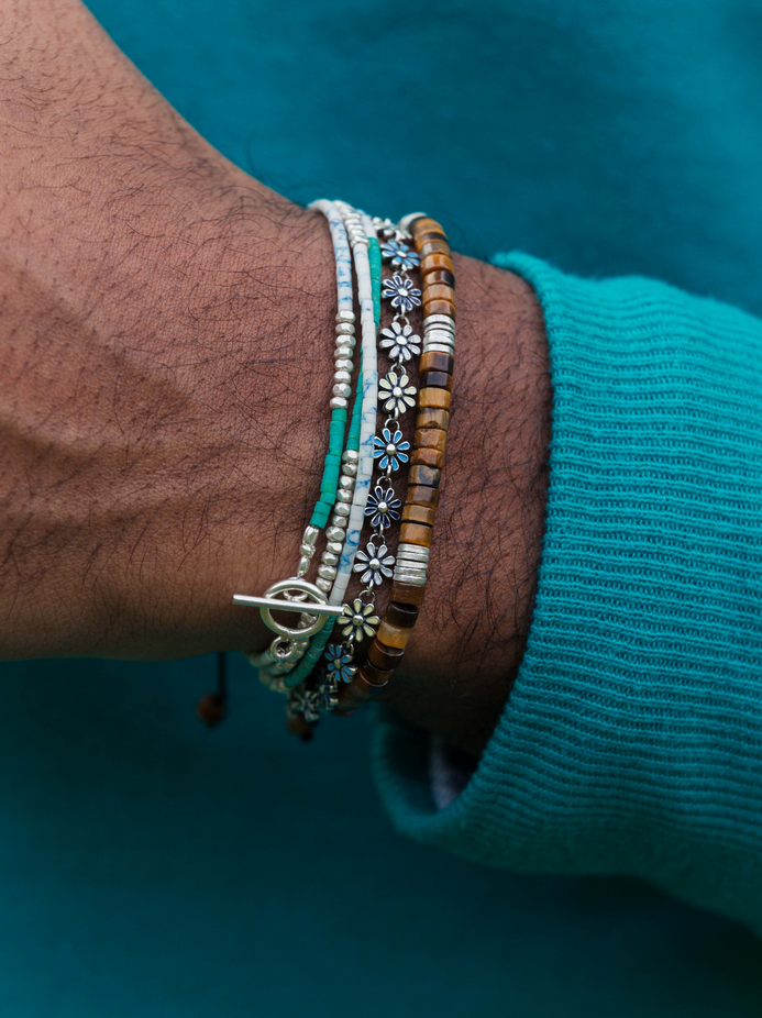Tiger Eye And Sterling Silver Disc Beads Bracelet-Bracelet-Kompsós