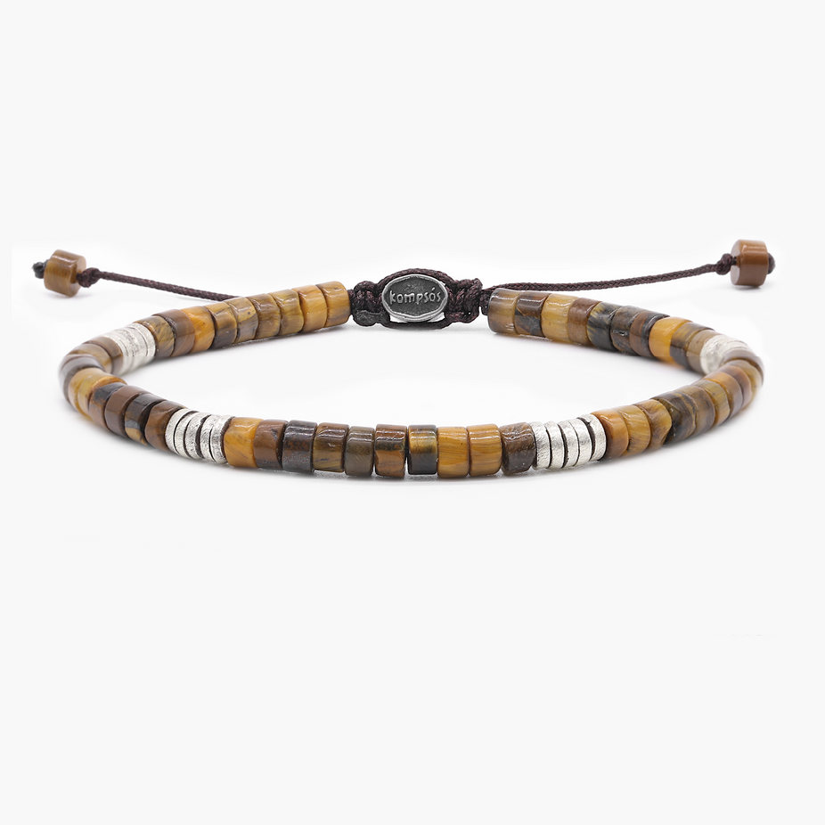 Tiger Eye And Sterling Silver Disc Beads Bracelet-Bracelet-Kompsós