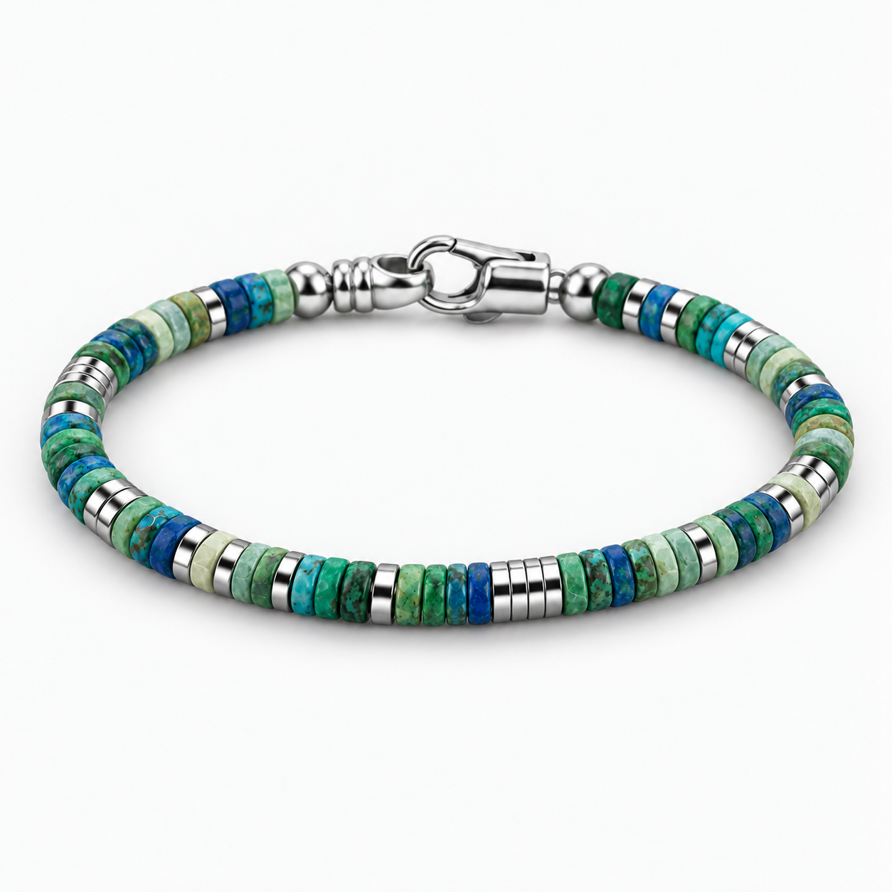 4mm Natural Heishi & Silver-Tone Bead Bracelet in green and blue beads with silver clasp, angled view