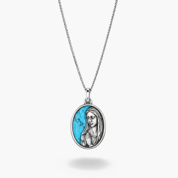 Virgin Mary Sterling Silver Necklace With Arizona Turquoise Stone-Necklace-Kompsós