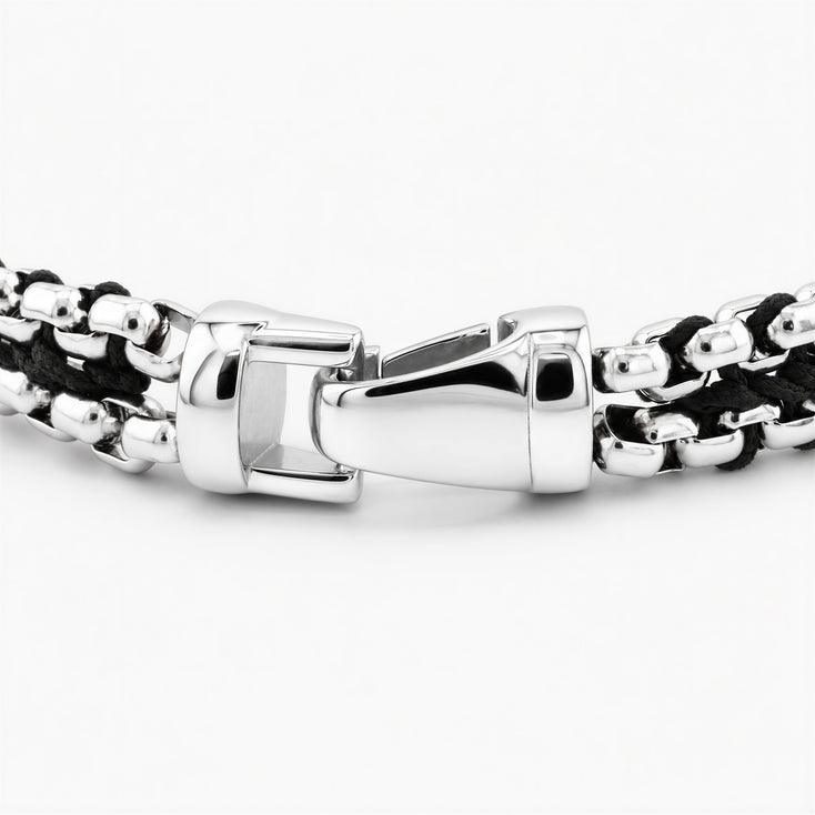 Woven Box Chain Silver Bracelet (Black)