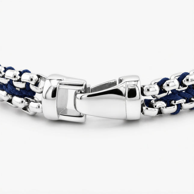 Woven Box Chain Silver Bracelet (Navy Blue)